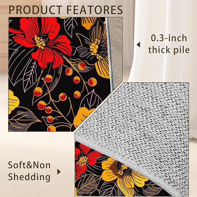 Black Floral Washable Living Room Area Rug, Low Profile Abstract Pattern, Non-Slip Backing Carpet for Kitchen, Bedroom, Dining Room