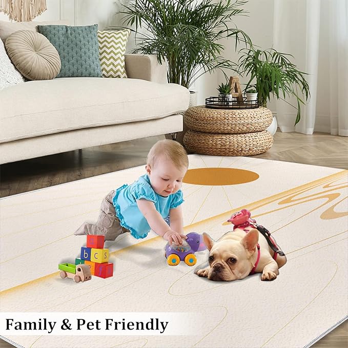 Boho Sun Area Rugs 5x8ft, Minimalist Sunburst Living Room Carpet, Geometric Solar Decorative Carpet Protect Floor for Bedroom Men Office Hardwood Floors