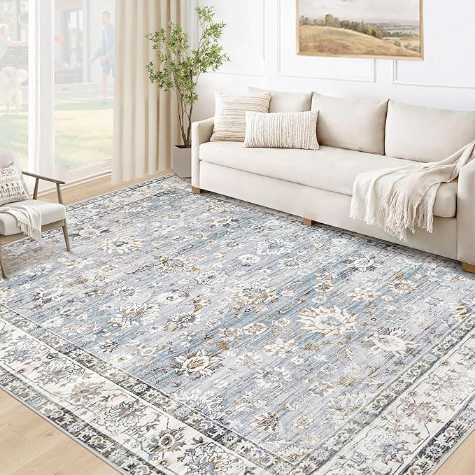 Area Rug 5x7 Living Room Rug, Machine Washable Vintage Distressed Boho Area Rug Non-Slip Soft Low Pile Large Indoor Rugs for Bedroom Kitchen Dining Room Office(Light Blue,5'x7')