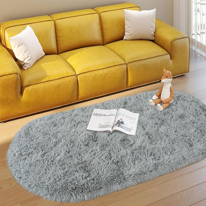 Soft Fluffy Area Rug for Bedroom, Fuzzy Shaggy Oval Throw Rugs for Bedside, Non-Slip Cozy Plush Shag Carpet for Kids Room Nursery Dorm Living Room, Grey, 2.6 x 5.3 Feet, 2 Packs