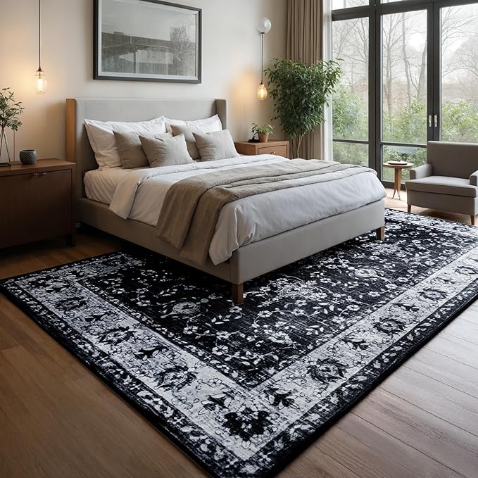 Area Rug for Living Room, 8x10 Machine Washable Non Slip Large Faux Wool Throw Rug, 0.3″ Low Pile & Non-Shedding Boho Large Carpet Rugs for for Dining Room, Bedroom, Office (Black White)