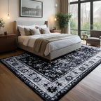 Area Rug for Living Room, 6x9 Machine Washable Non Slip Large Faux Wool Throw Rug, 0.3″ Low Pile & Non-Shedding Boho Large Carpet Rugs for for Dining Room, Bedroom, Office (Black White)