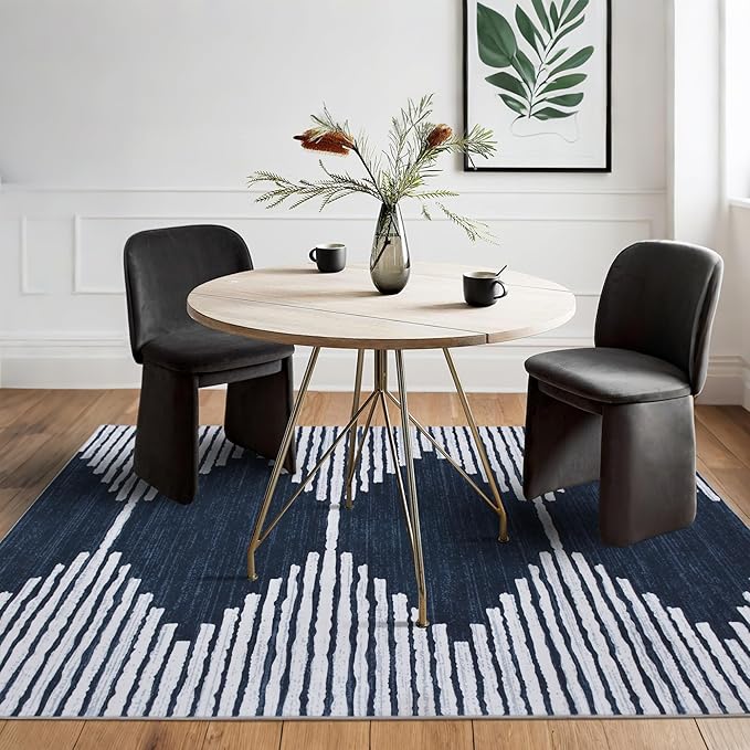 HelloTree Area Rug for Living Room 6x9 Washable Geometric Moroccan Rug Stripe Farmhouse Bohemian Minimalistic Non Slip Non Shedding Ultra Thin Soft Rug for Bedroom Office DiningRoom Nursery-Blue