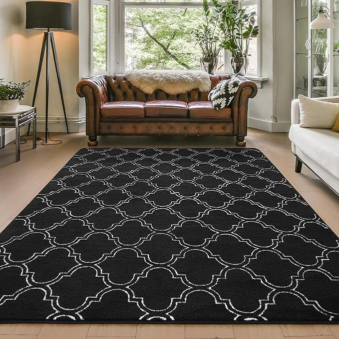 Amearea Fluffy Indoor Trellis Rug, Soft Moroccan Home Rugs for Bedroom, Shag Modern Area Rug for Living Room Kids Room Nursery, Easy Clean, Home Decor Low Pile Carpet, Black 4x6 Feet