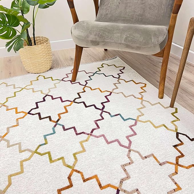 Alfa Rich 3x5 Moroccan White Washable Area Rugs for Living Room Bedroom Kitchen Decor Cotton Runner
