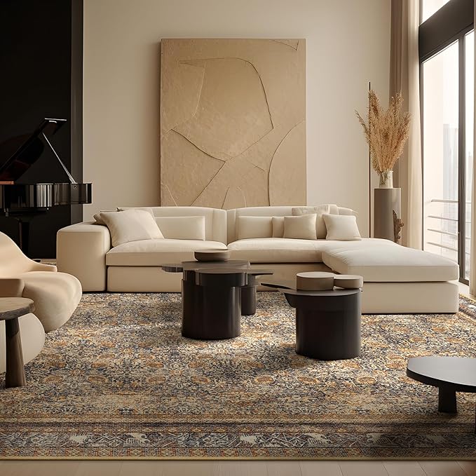 Phantoscope Washable Area Rug 8'x10' Non-Slip, Vintage Neutral Rugs for Living Room, Bedroom, Dining Room, Distressed Boho Floral Medallion Pattern, Low-Pile Foldable Carpet, Brown/Charcoal Spice
