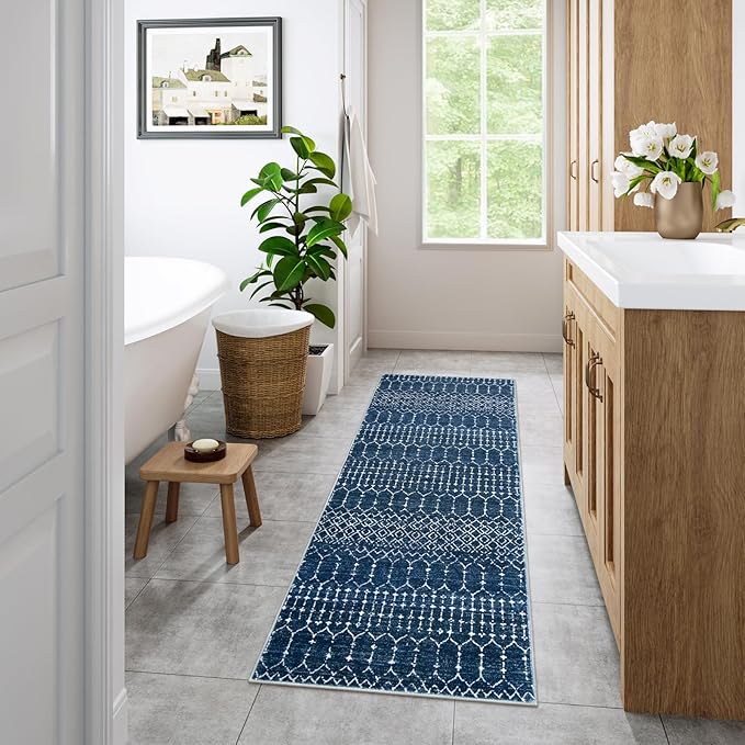 Lahome Moroccan 2x5 Washable Blue Runner Rug, Non-Slip Low-Pile Stain Resistant Kitchen Rugs, Geometric Soft Bathroom Runner Carpet for Entrance Bedroom Laundry (Blue,2'x5')