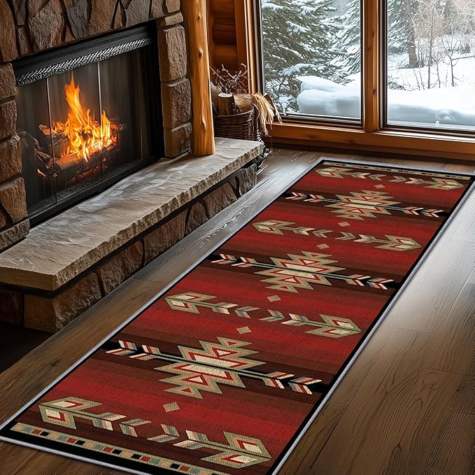 Red Arrow Runner Rug, 3x8ft Retro Geometric Hallway Runner Rug - Corridor & Busy Home Foyer Rugs, Washable Flannel Non-Slip Mat, Southwestern Tribe Decor Carpet for High-Traffic Areas