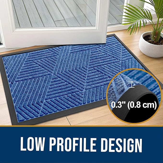 Kitinjoy Front Door Mat Outside Entrance, Sturdy Natural Dirt Trapper, Heavy Duty Rubber Doormat, Low Profile Non-Slip Backing, Easy Clean Floor Mat for Indoor Outdoor Entry, 29.5X17 Inch, Blue