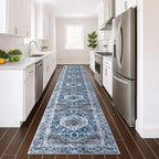 KOZYFLY Runners for Hallways 3x16 Ft Extra Long Washable Kitchen Thin Runner Rug Boho Runner Rug for Entryway Indoor Blue Printed Oriental Faux Wool Stair Floor Carpet Runner for Stair Kitchen Hall