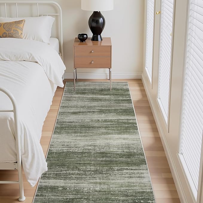 PADOOR Modern Abstract Runner Rug - 2x10 Washable Hallway Rugs, Ultra Soft Non-Slip Low Pile Floor Rugs for Hallway Entryway Kitchen Bedroom Bedside Laundry Room Green