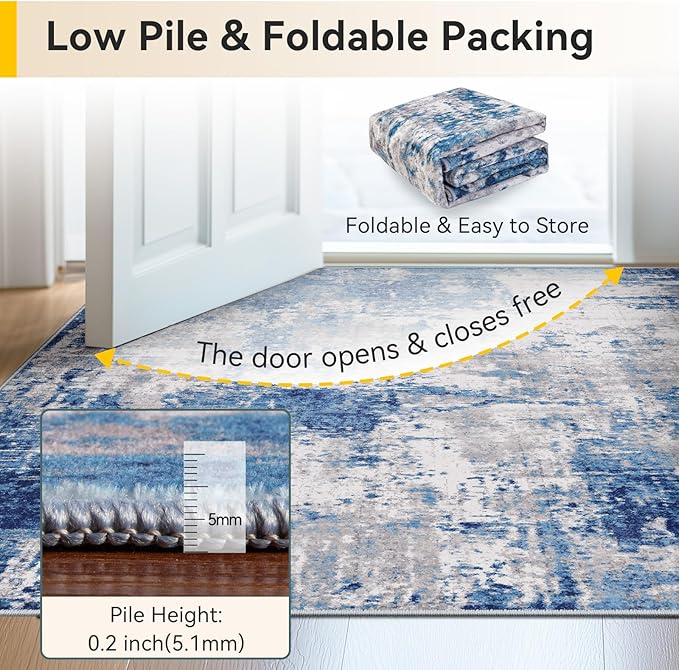 Washable Area Rugs 10'x14' Non-Slip Modern Abstract Soft for Living Room Entryway Bedroom Nursery, Print Pattern, Blue Grey Navy Gray