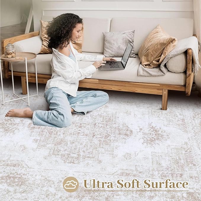 Area Rug 8x10 Living Room Rug, Machine Washable Vintage Distressed Medallion Rug Non-Slip Soft Low Pile Large Indoor Rugs for Bedroom Kitchen Dining Room Office(Beige,8'x10')