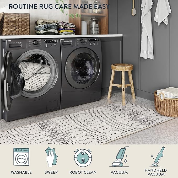 Lahome Moroccan Runners for Hallways 2x8 Beige Washable Runner Rug Non-Slip Stain Resistant Kitchen Rug Runner, Geometric Print Distressed Soft Untra- Thin Floor Carpet for Bedroom Entryway