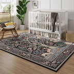 Rugcomf 8x10 Area Rugs Vibrant Tree of Life-Patterned Vintage Washable Area Rug Non Slip Low Pile Large Rug for Bedroom Farmhouse Dining Room Kids Playroom, Black