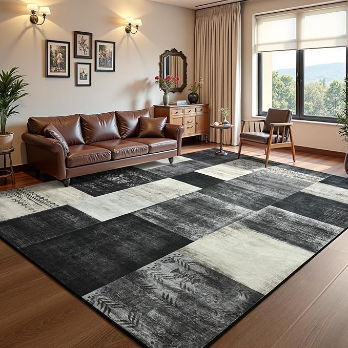 DweIke Large Modern Washable Area Rugs 8x10, Living Room Rug Non-Slip and Non-Shedding Large Rugs for Bedroom, Low Pile Indoor Rubber Backed Carpets for Dining Office Home Decor, Black and White