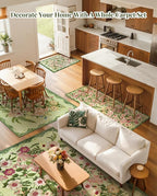 Floral Bedroom Rug - 4x6 Washable Area Rugs Non-Slip Soft Low-Pile Stain Resistant Carpet Flower Print Vintage Indoor Rug for Living Room Dining Room Office Nursery Room, Green