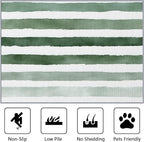 5x7 Rug Washable - Striped Rugs for Living Room, Green and White Stripe Minimalist Watercolor Non Slip Low Pile Area Rugs for Bedroom, Striped Carpet Home Decor & Gifts