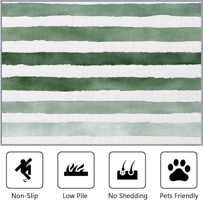 Striped Rugs for Living Room - 5x6ft - Green and White Stripe Minimalist Watercolor Rug for Bedroom Non Slip Low Pile Machine Washable Area Rugs, Striped Carpets House Decor & Gifts