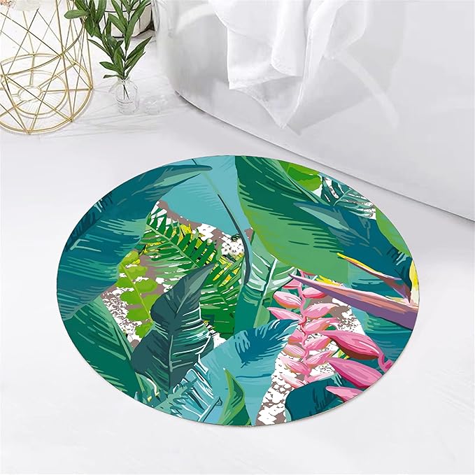 Tropical Leaves Round Rug 7ft - Machine Washable Non-Slip Circular Floor Mat, Short Pile Soft Rug for Living Room, Bedroom, Nursery in Green & Pink Botanical Design