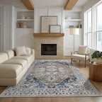 Washable Rugs 5x7 Area Rugs for Living Room, Thin Carpet for Bedroom, Soft Faux Wool Retro Dining Room Rug，Non Slip&Non-Shedding Resistant Low Pile Vintage Print Rug for Home Office (Taupe/Blue)
