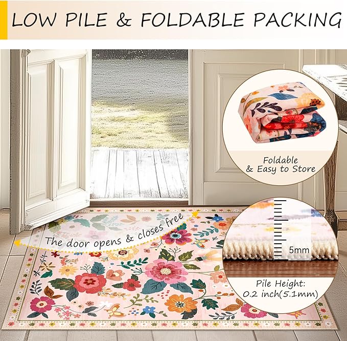 Floral 2x6 Area Rug Machine Washable Soft Print Boho Carpet Non Slip Doormat Low Pile Flower Area Rugs for Living Room Bedroom Nursery Kitchen Dining Room Indoor-Pink