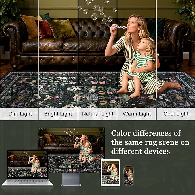 6x9 Area Rugs Living Room Rug: Vintage Washable Rug Floral Soft Carpet Indoor Floor Non-Slip Boho Stain Resistant Large Carpets for Bedroom Kids Nursery Dining Room Farmhouse Home Office Black/C02
