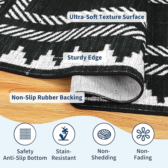 Modern Geometric Bordered 2×6 Non Slip Low Pile Runner Rugs for Kitchen Hallway Modern Stain Resistant Soft Indoor Carpet Foldable Machine Washable Non Shedding Bedroom Dining Room Rug, Black