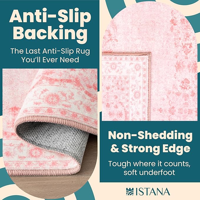 Istana Hallway Runner Rug 2.5x8 - Pink Kitchen Rugs Non Slip Washable -Silk's Soft Touch Carpet Runner - Stylish Runner Rugs for Home