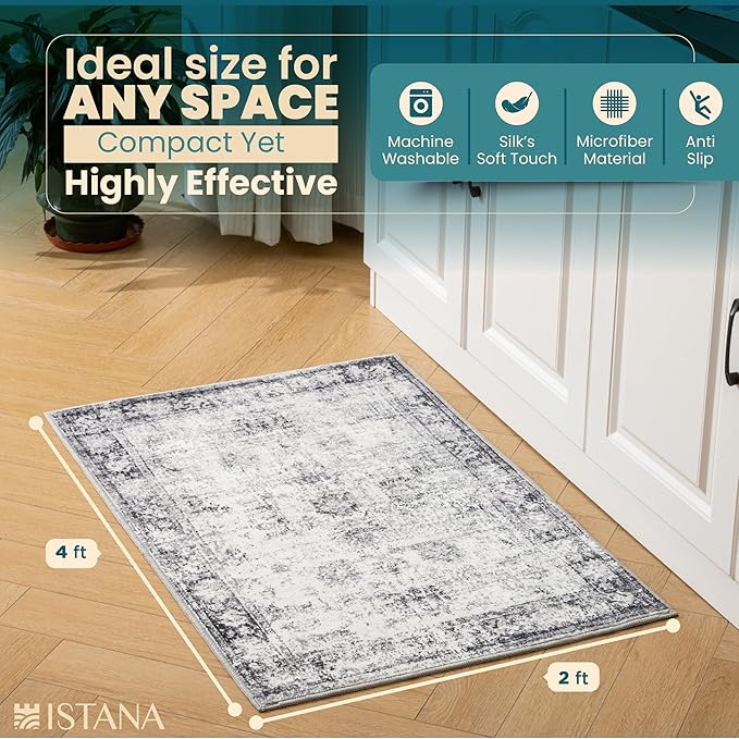 Istana Area Rug 2x4 - Grey & White Cream 2x4 Washable Rug Non Slip - Pet Friendly Living Room Rug - Non Shedding Washable Rugs for Bedroom - Foldable Bathroom Rugs