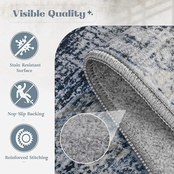Area Rug 6x9 Washable Rug, Vintage Boho Medallion Rugs Non-Slip Soft Low Pile Large Distressed Rug Indoor Retro Carpet for Living Room Bedroom Dining Room Home Office (Blue, 6'x9')