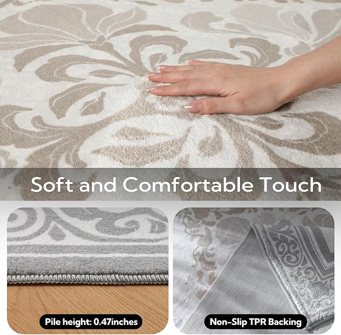 SOULFUL Medium Pile 2x3 Entryway Rug - Soft Foot Feel Small Area Rug - Light Taupe Boho Floral - Washable Non-Slip - Perfect for Hallway Kitchen Bedroom Bathroom Indoor Entrance