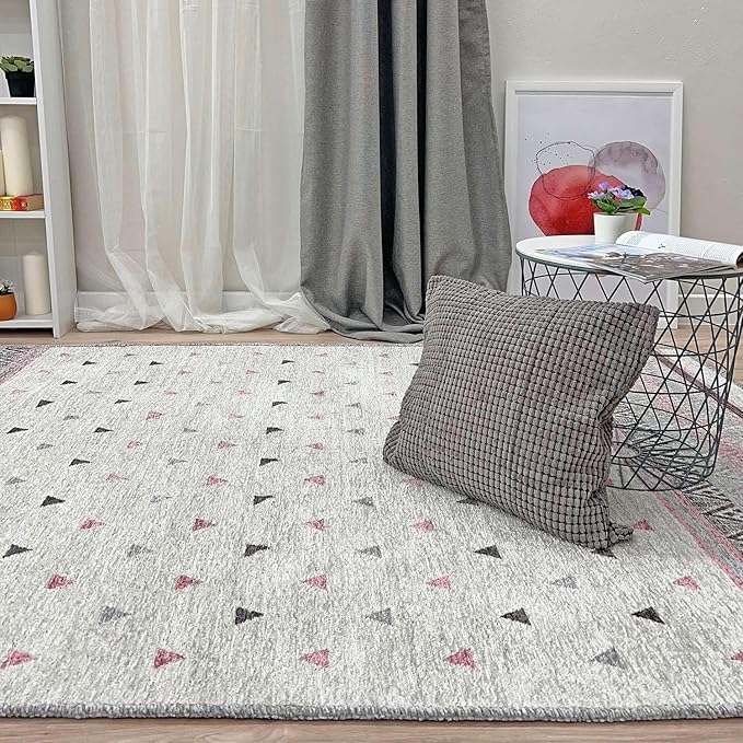Alfa Rich 7x10 Mauve Gray Off White Washable Area Rugs for Living Room Bedroom Kitchen Decor Cotton