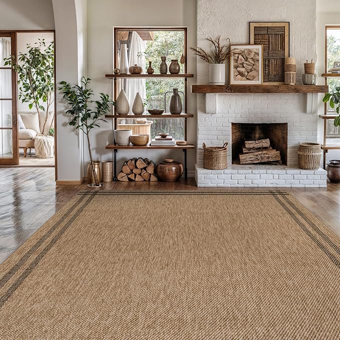 Easy Jute Rugs 10x14 Bordered Natural Color Living Room Indoor Outdoor Area Rug for Patio and Kitchen Rug High Traffic Washable Easy to Clean Solid Boho Woven Design Outside Carpet (10 x 14)