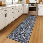 KILOCOCO Hallway Runner 2x7 Rug Runner Printed Vintage Floral Washable Kitchen Runners Non-slip Rubber Backed Runners for Hallways Distressed Thin Soft Rugs for Entryway Laundry Room, Black/Navy/White