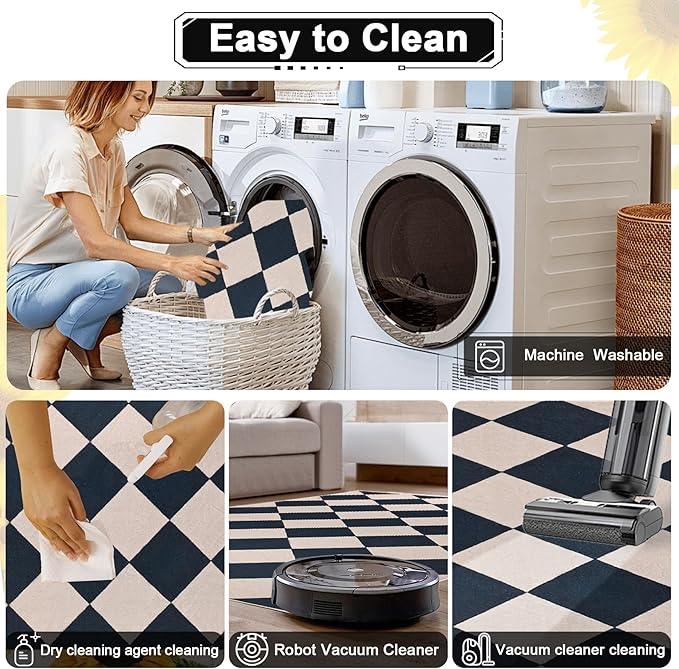 Black Checkered Rug 3x5 Indoor Washable Non-Slip Rug Modern Diamond Soft Low Pile Kitchen Rugs,Neutral Farmhouse Throw Carpet for Nursery Bathroom Room Dorm