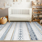 BESTSWEETIE 5x7 Area Rugs for Living Room Washable Moroccan Farmhouse Neutral Geometric Low Pile Non-Slip Soft Print Pattern Rug for Bedroom Kitchen Dining Room Entryway Blue/Brown