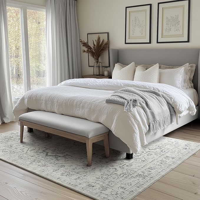 Distressed 5x8 Area Rugs for Living Room Bedroom, Low Pile Machine Washable Non Slip Carpet Rugs for Dining Room/Home Office/Kitchen Boho Farmhouse Transitional Style, Off White/Grey