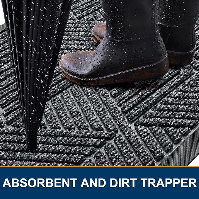 Kitinjoy Front Door Mat Outside Entrance, Sturdy Natural Dirt Trapper, Heavy Duty Rubber Doormat, Low Profile Non-Slip Backing, Easy Clean Floor Mat for Indoor Outdoor Entry, 47X32 Inch, Grey