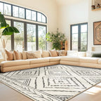 Area Rug 10x14 Rug Machine Washable Non-Slip Low Pile Print Pattern Western Rug for Living Room Bedroom Entryway Tribal Series -Navywhite/Black