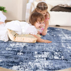 8ft Round Area Rug Living Room Rugs - 8x8 Washable Large Soft Indoor Neutral Modern Abstract Low Pile Rug Carpet for Bedroom Dining Room Farmhouse Home Office - Navy Blue