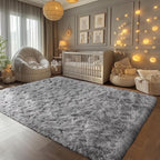 Zentavio Grey and White Area Rugs for Living Room Large Men Room Carpet 6x9 Bedroom Fluffy Furry Shag Aesthetic Plush High Pile Floor Rug for Kids Room Dorm Home Decor Tie-Dyed Grey White