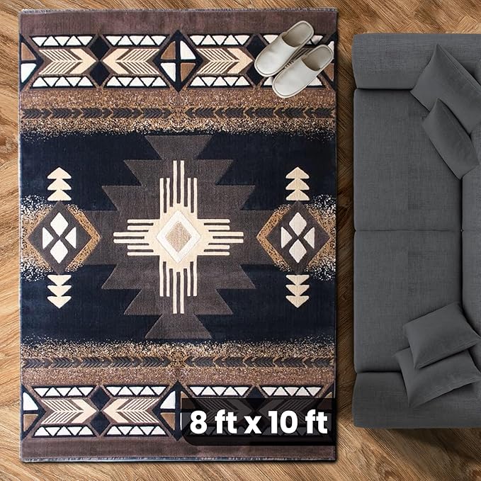 YHSF South West Native American Area Rug C318 - Easy Clean, Thick, Soft, Durable Native Tribal American Indian Inspired Rug for Bedroom/Living Room and More - Black, 8 Feet x 10 Feet
