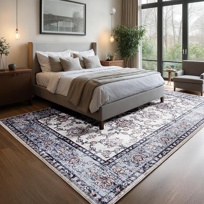 Area Rug 5x7, Washable Faux Wool Throw Rugs for Living Room, 0.3″ Non Slip Low Pile Vintage Boho Carpet for Ding Room, Home Office, Bedroom, Kids Room, Bedside (Gray Purple)