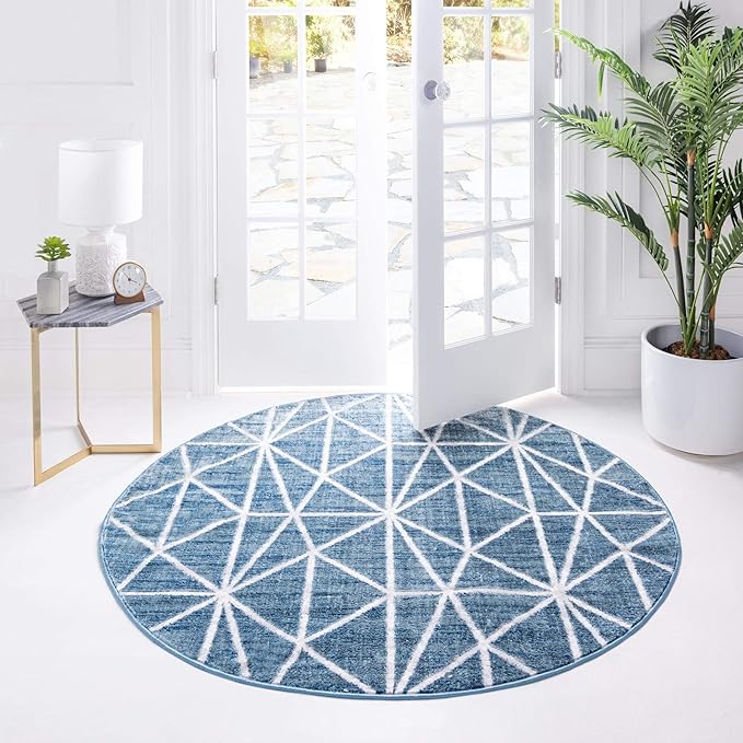Rugs.com Lattice Trellis Collection Rug – 3 Ft Round Blue Low-Pile Rug Perfect for Kitchens, Dining Rooms