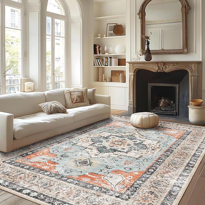 VK VK·LIVING Machine Washable Rug 5'x7' Vintage Design Washable Area Rugs with Non Slip Rugs for Living Room Bedroom Traditional Woven Carpet Stain Resistant, Dining Office Boho Rug (Brick)