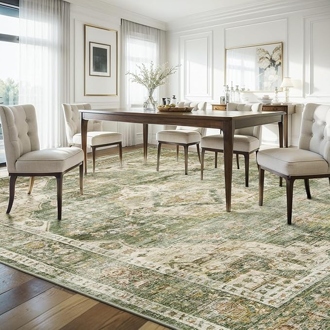 AMOAMI-Area Rug 8X10 Rugs for Living Room-Vintage Soft Green Rugs for Bedroom-Non Slip Carpet-Washable Rug for Dining Room Living Room Bedroom Office Under Table