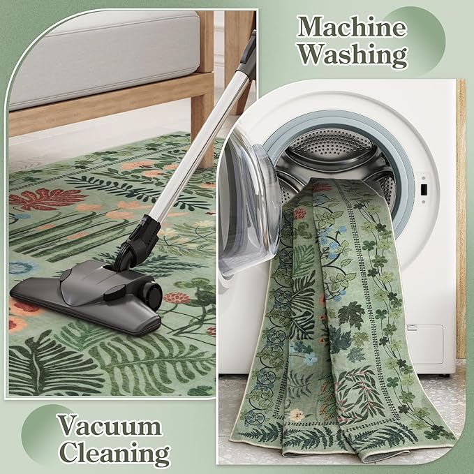 Boho Green Washable 8x10 Area Rug for Living Room, Floral Large Rugs for Bedroom Aesthetic, Non Slip Botanical Soft Indoor Throw Carpet for Dining Room Home Office Playroom (Green,8 x 10)