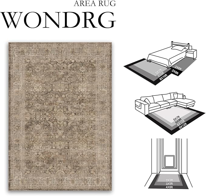 6x9 Rust Brown Washable Area Rug for Living Room Bedroom Neutral Soft Non Slip Rug Low Pile Vintage Distressed Carpet for Dining Room Nursery Office