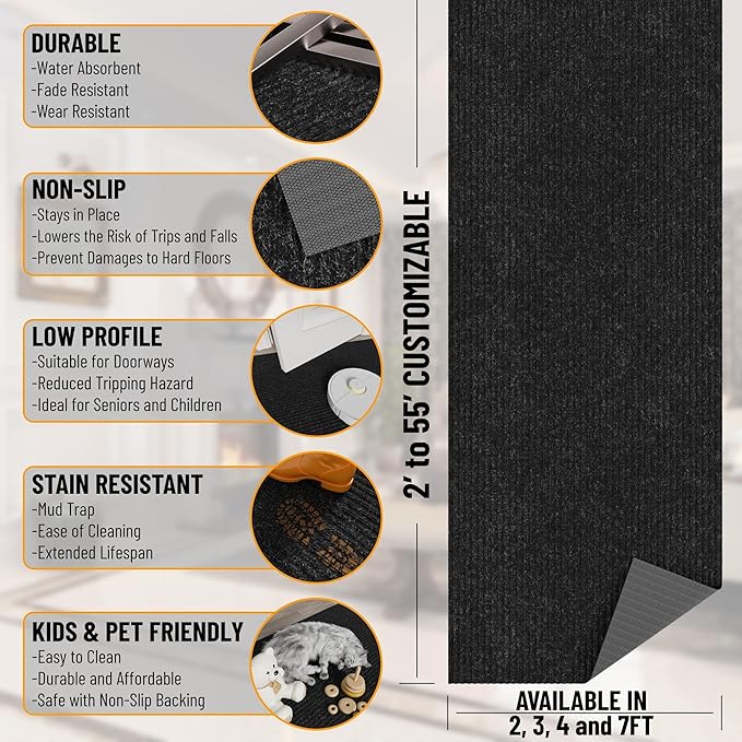Ottomanson 2' x 45' Hallway Runner with Scraper Pile Extra Durable Non-Slip Rug Mat for Indoor & Outdoor Use - Ideal for Kitchen, Entryway, Patio & Garage - High-Traffic Carpet, Black